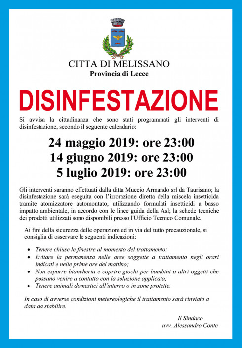 INTERVENTI DI DISINFESTAZIONE SUL TERRITORIO DI MELISSANO
