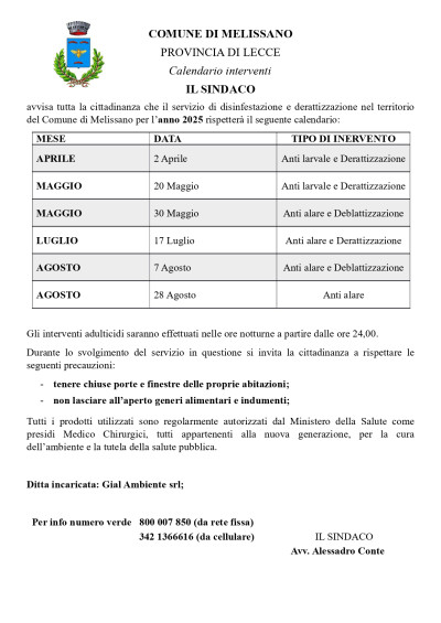 Calendario interventi di disinfestazione e derattizzazione nel territorio del...