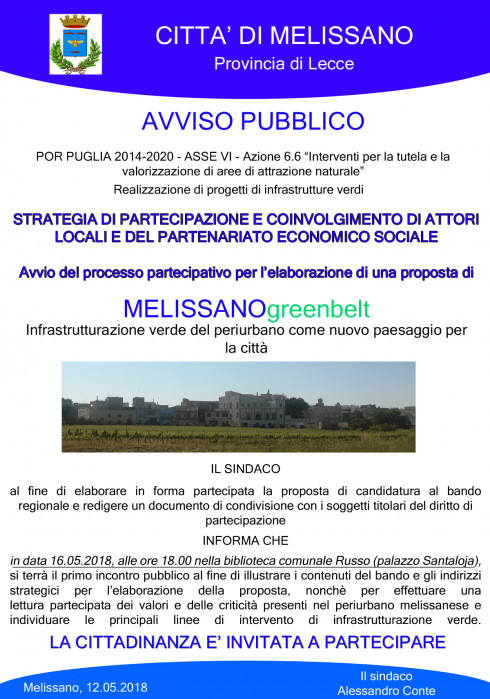 INCONTRO PUBBLICO SU: LA REALIZZAZIONE DI PROGETTI DI INFRASTRUTTURE VERDI - Strategia di partecipazione e coinvolgimento di attori locale e del partenariato economico sociale