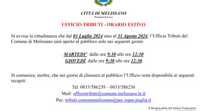 Ufficio Tributi - Orario Estivo