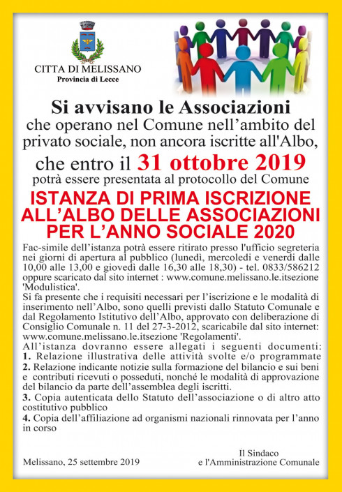 Iscrizione Albo delle Associazioni che operano nell'ambito del privato sociale - anno sociale 2020