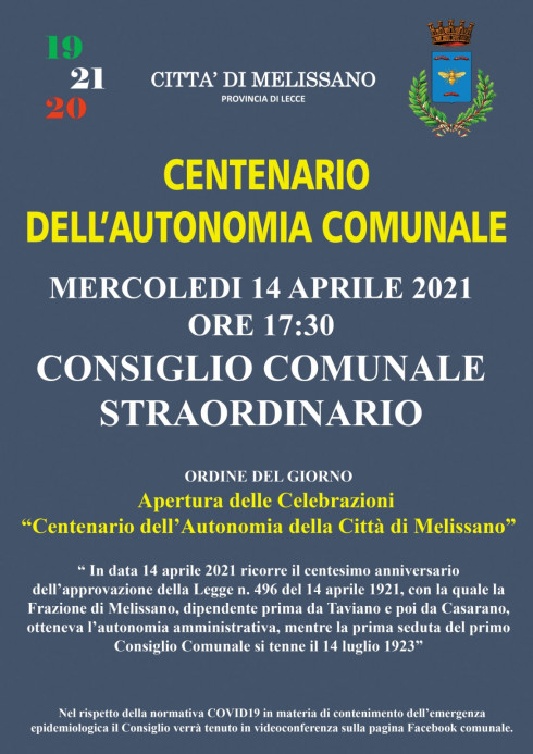 14 APRILE 2021 CENTENARIO DELL'AUTONOMIA COMUNALE